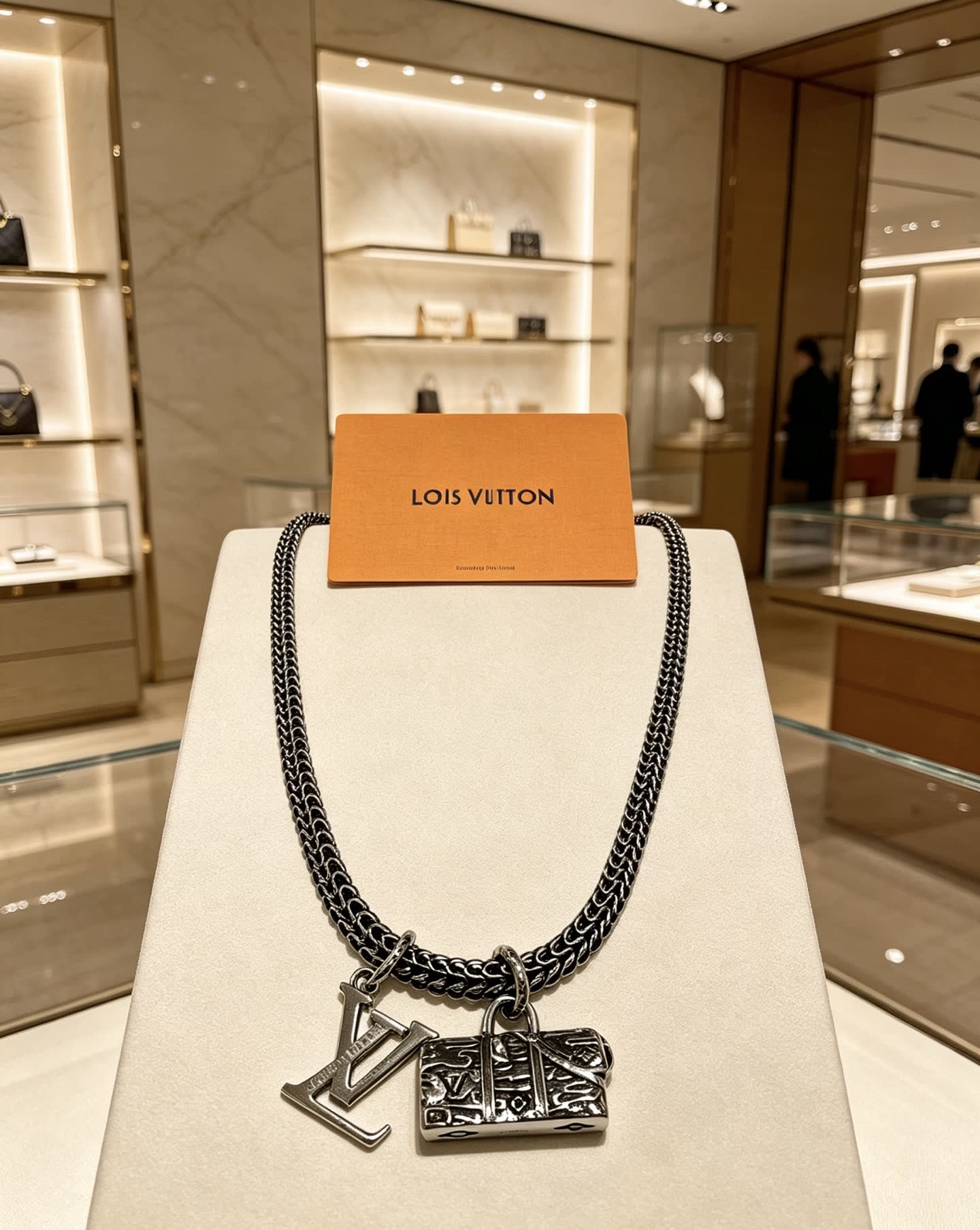 Louis Vuitton Silver Tone Chain Necklace with LV and Monogram Bag Charms